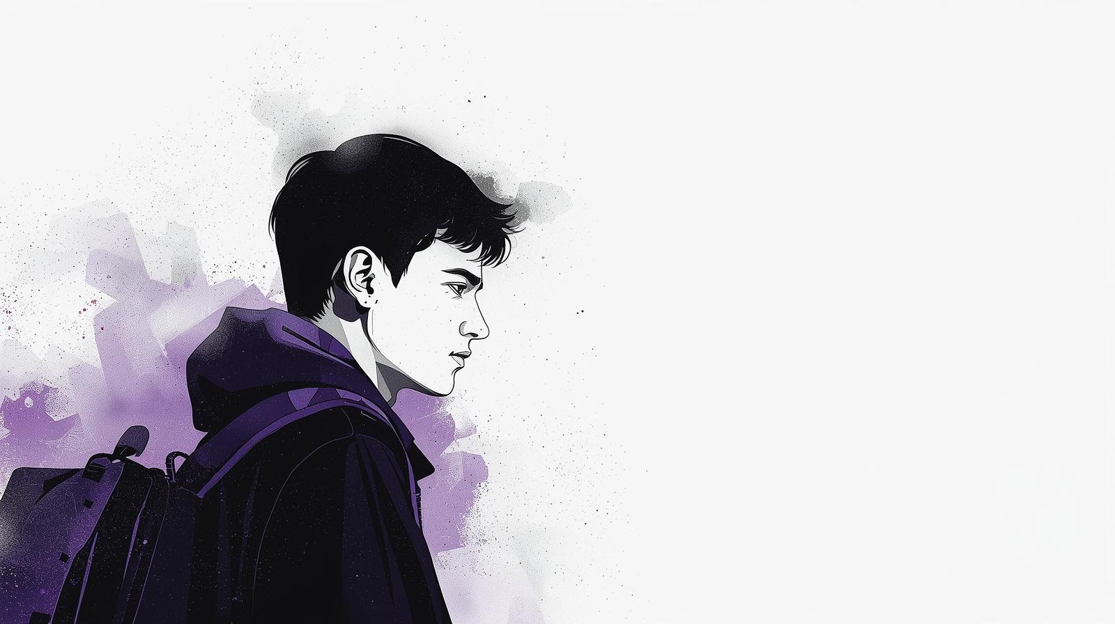 סטודנטית חושבת מול מחשב נייד עם סמלי טכנולוגיה וקריירה מרחפים