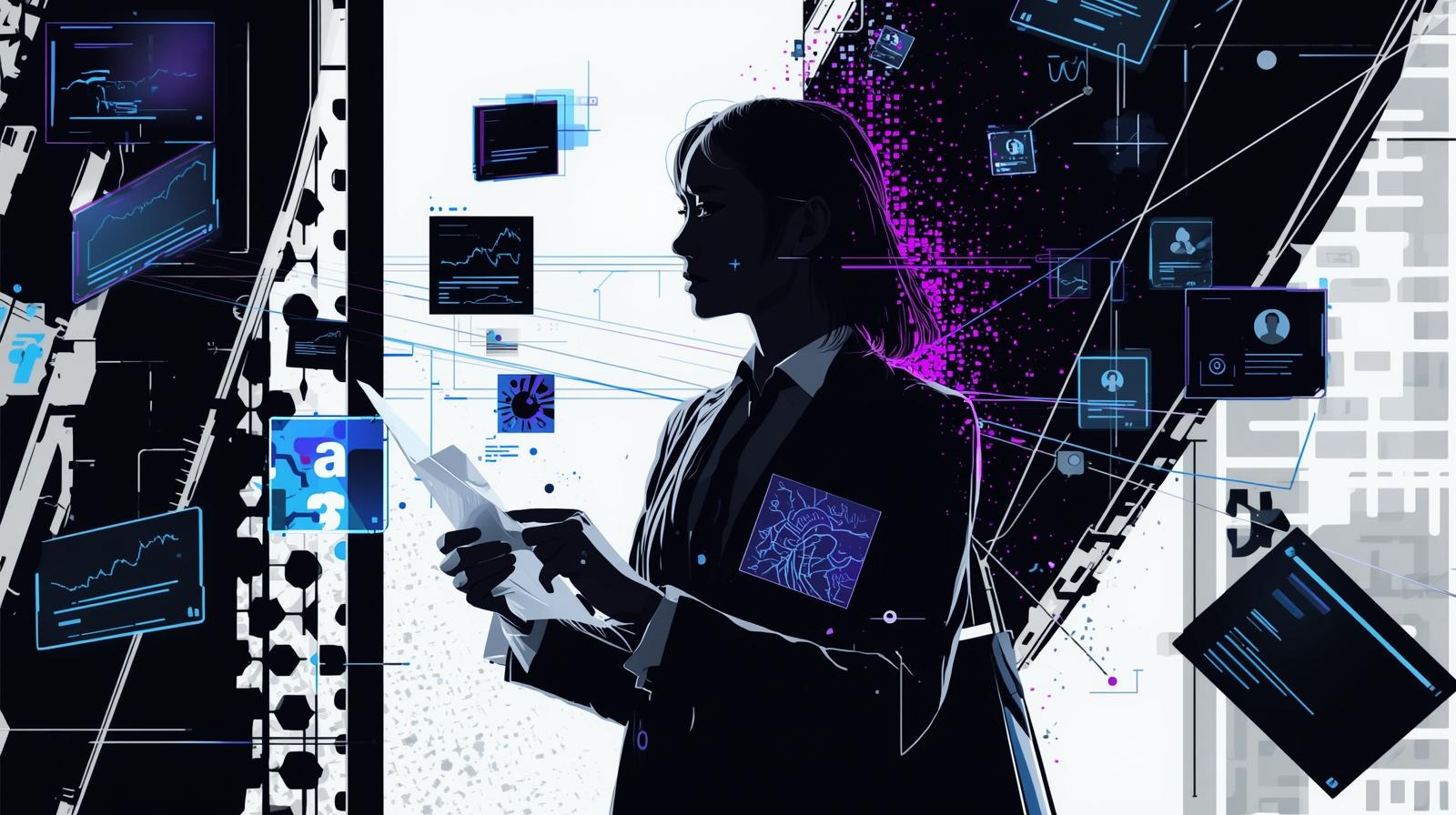 אישה מקצועית מביטה במכשיר נייד המציג פרופיל רשת עסקית, ממחיש למה צריך לינקדאין היום.